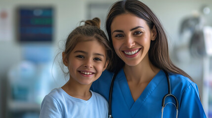 A smiling female nurse with a young girl in a hospital setting. Celebrating International Nurses Day and compassionate healthcare.