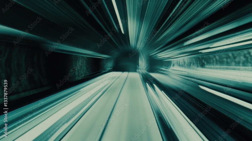 Poster abstract teal light streaks converging in a tunnel, suggesting speed and movement.