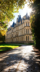 Obraz premium grand historic building with sunlight filtering through trees