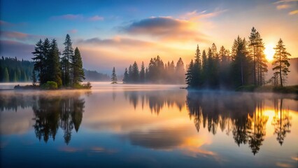 Fototapeta premium Tranquil Twilight Lake: Misty Fog, Soft Light, Calm Water, Peaceful Scene