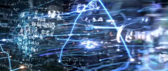 Anamorphic video of futuristic network with math expressions and equations, science and technology - Powered by Adobe