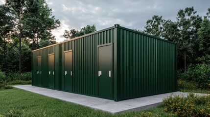 Fototapeta premium Green modular building with multiple doors, set in a natural environment. Prefabricated structure for various applications.