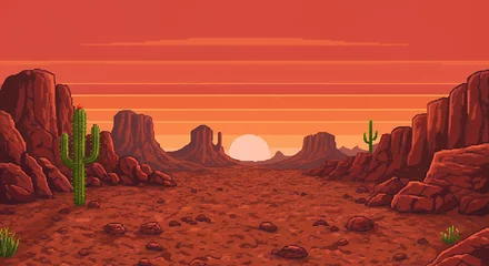 Fototapete Pixel Art Desert Landscape at Sunset with Cactus and Rock Formations © ryandi