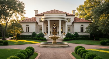Fototapeta premium Luxury Home Exterior with Fountain and Manicured Garden at Sunset