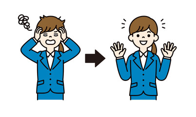 失敗を解決する、就活中の女性のベクターイラスト素材＿線幅の編集可能＿カラー