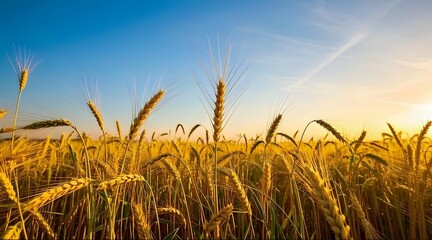 Naklejka premium Golden wheat field under a bright blue sky