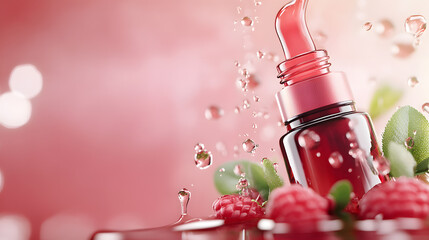 Natural serum products photo shoot with herbs realistic. Luxury skincare serum with water droplets and herbs and flower on the background.