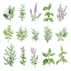 Watercolor Herb Collection - Rosemary, Thyme, Basil, Lavender Botanical Illustrations on White Background