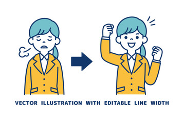 疲れた表情と元気になった表情の、就活中の女性のベクターイラスト素材＿線幅の編集可能
