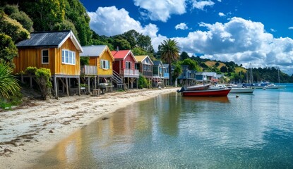 Obraz premium Colorful beach huts nestled along a tranquil waterfront, reflecting vibrant hues in the calm water. A picturesque coastal scene