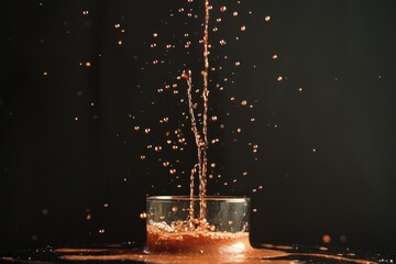 A high-speed capture of red wine being poured into a glass, with droplets splashing against a dark backdrop.