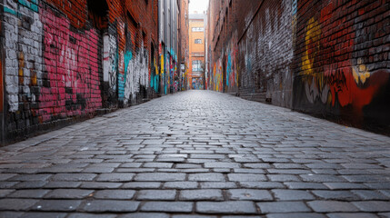 Fototapeta premium Narrow alleyway with vibrant graffiti on brick walls, creating urban artistic vibe