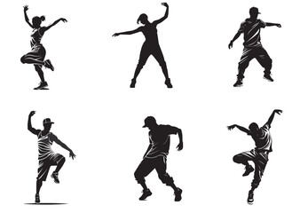 A set of street dance hip hop dancers in silhouette	