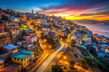 Fototapeta premium Valparaiso Chile Aerial View Long Exposure Colorful Houses Hillside Cityscape