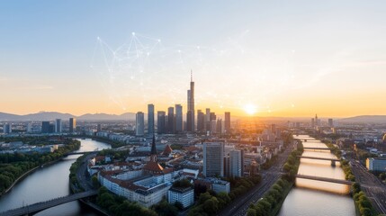 Naklejka premium Vibrant Sunset Over Modern City Skyline with River Below and Network Nodes