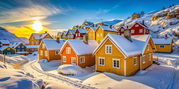 Vardo, Norway: Scenic Winter Village with Yellow Building Amongst Snow-Covered Houses