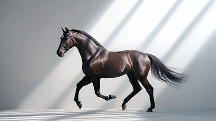Fototapeta premium A striking bay horse runs forward, its hooves barely touching the ground, its sleek coat gleaming under soft lighting, framed against a bright white backdrop, 