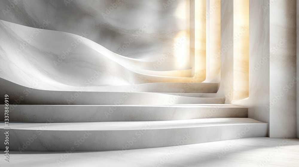 Poster abstract white marble staircase with curved lines and soft lighting.