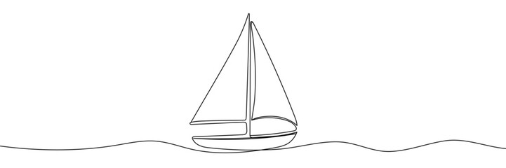 Continuous line drawing of sailboat. Abstract sailing vessel silhouette. Template for your design works. Vector illustration. Editable stroke © Vasyl Yurlov
