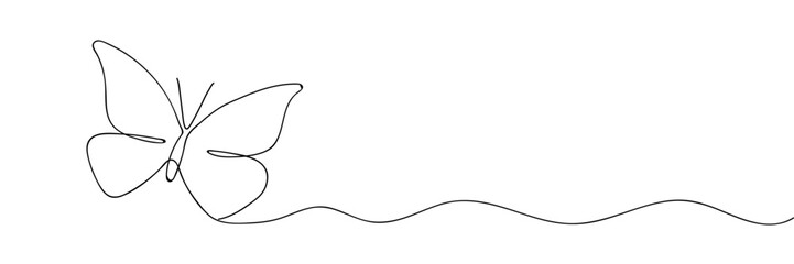 Obraz premium Continuous one line drawing of flying butterfly. One line drawing illustration of butterfly. Flying insect concept continuous line art. Editable outline.