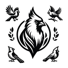 Northern cardinal bird vector silhouette logo icon set clipart illustration black & white
