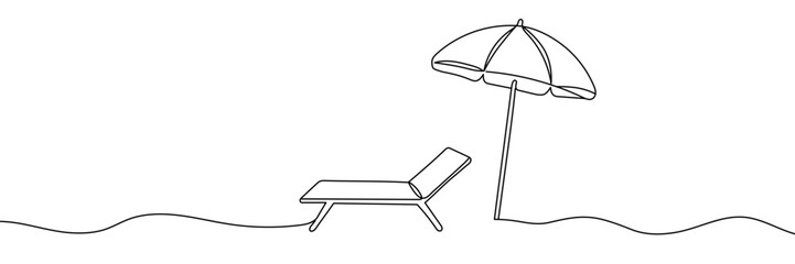 Continuous one line drawing sun lounger with umbrella. Hand drawing Editable stroke © Vasyl Yurlov