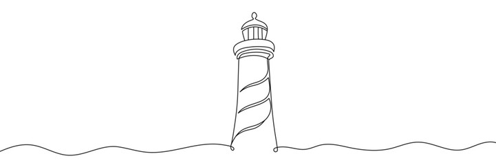 Continuous one line drawing of lighthouse tower on the ocean. One line drawing illustration of lighthouse tower. Searchlight concept continuous line art. Editable outline.
