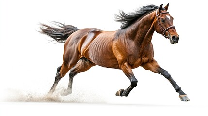 Fototapeta premium A stunning bay horse dashing forward, its flowing mane adding movement and energy, with a clean white background enhancing its bold presence, 