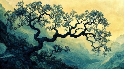 A stylized painting depicting a large tree against a landscape backdrop