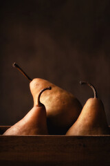 Fruit Still Life. Three Bosc Pears in a wooden box with  mottled brown background, vertical composition.