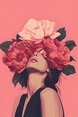 Artistic Illustration of a Female Model Surrounded by Large Flowers on a Soft Pink Background
