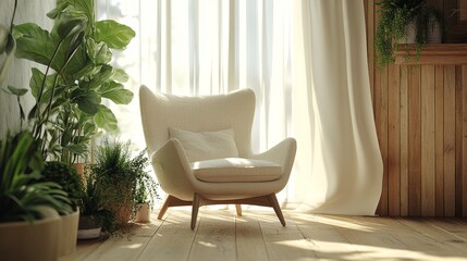 111.A cozy nook in a Scandinavian apartment featuring a modern armchair, a collection of green houseplants on hardwood flooring, a rustic wooden wall accent, and sheer white curtains adding softness