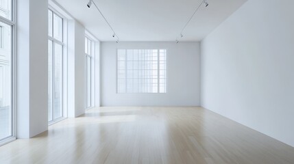 Fototapeta premium 45.An empty modern living room with white walls, clean lines, and light wood flooring, showcasing Scandinavian aesthetics through its uncluttered and serene design.
