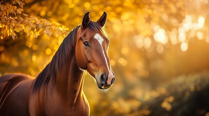 Obraz premium A stunning portrait of a mare with a white forehead spot, bathed in warm evening light, standing gracefully against an autumn landscape of golden trees 