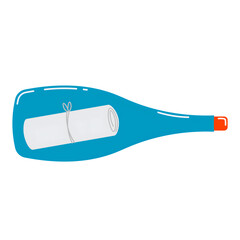 This image depicts a blue bottle containing a rolled up message, perfect for symbolizing secrets.