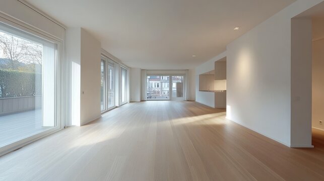 45.An empty modern living room with white walls, clean lines, and light wood flooring, showcasing Scandinavian aesthetics through its uncluttered and serene design.