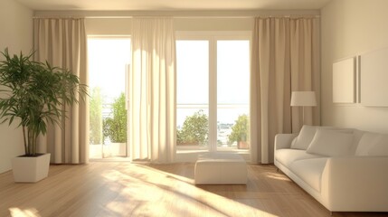 Fototapeta premium 37.Minimalist Interior Design of a Modern Living Room with a White Sofa, Wooden Floor, and Beige Curtains