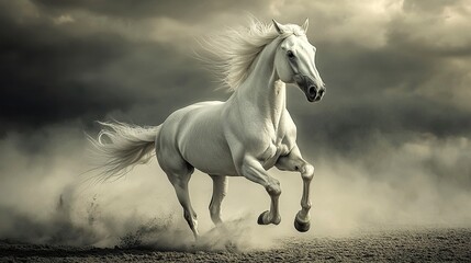 A stunning white horse in full gallop, its mane and tail trailing behind, set against a moody sky, dramatic telephoto action shot 
