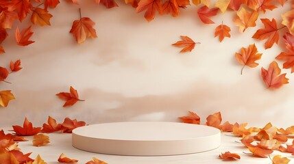 Autumnal Display: Elegant Beige Podium with Scattered Maple Leaves