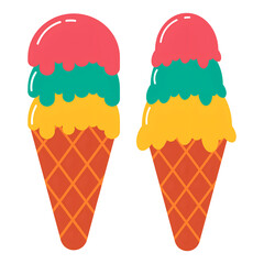 This image shows a cartoon illustration of two stacked ice cream cones in bright colors.