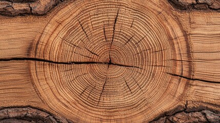 Naklejka premium Close up of a tree trunk cross section showing growth rings and cracks. Concept of nature, wood, and aging.