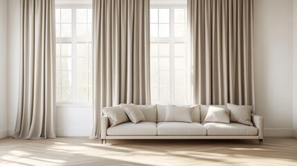 42.Elegant interior with a white sofa in a bright living room, a wide panoramic window dressed with beige curtains, and smooth wooden floors, all highlighting a minimalist Scandinavian aesthetic.
