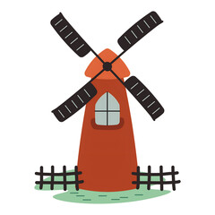The image shows a cartoon-style illustration of a windmill in a rural landscape.