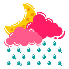 This colorful, illustrated image depicts stylized clouds, moon, and rain in a graphic design.