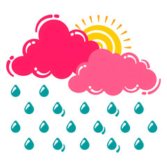 This cartoon image depicts rain falling from colorful clouds with the sun shining in the sky.