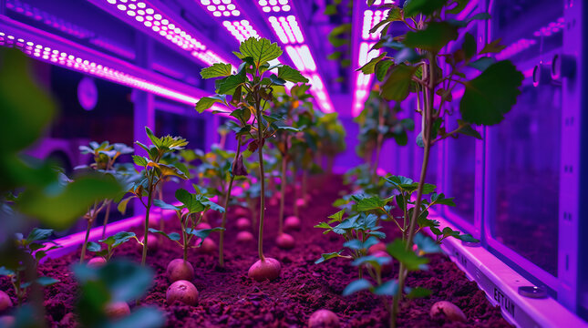 Vertical hydroponic lab cultivating potatoes in Martian soil simulant