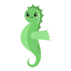 The image presents a cartoon illustration of a friendly seahorse with green coloring and simple design.