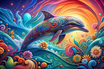 Fototapeta premium Vibrant Dolphin in Floral Abstract Design - Stock Photo