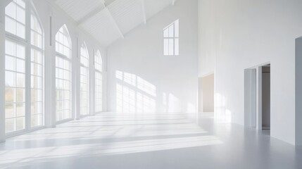 Fototapeta premium 48.Modern Scandinavian interior featuring an open, white room with natural light flooding through large windows, minimal decor, and clean architectural lines for a tranquil and airy feel.