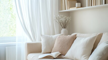 102.A stylish relaxation space featuring a cream-colored couch with textured cushions, a minimalist shelving unit holding books and a small vase, and soft white curtains framing a corner window.